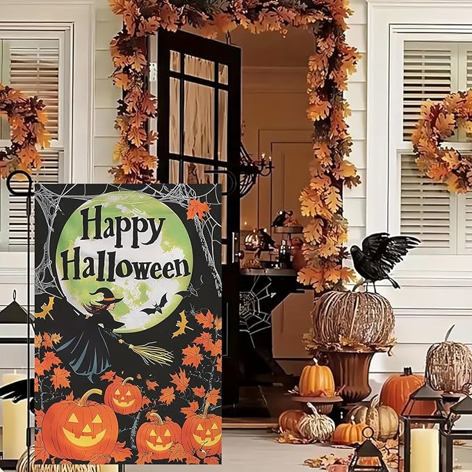 Halloween Garden Flag for Outside 12x18 Inch Double Sided, Pumpkin Witch Small Yard Flags for Outside, Happy Halloween Outdoor Flag Front Porch Decorations for Home