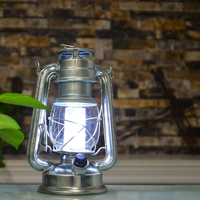 YAKii LED Vintage Lantern Metal Hanging Hurricane 12 LED Dimmer Switch Cold White Battery Operated Power Outage Indoor Camping Lighting Outdoor Brooklyn Decoration(Silver)