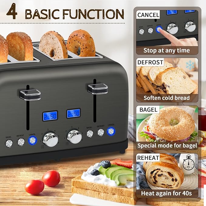 SEEDEEM Toaster 4 Slice, LCD Display, 6 Shade Settings, 1.5'' Wide Slots, Digital Stainless Toaster for Bagel, Defrost, Reheat, Dual Control, Removable Crumb Tray, 1500W, Dark Metallic