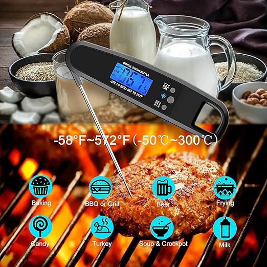 Instant Read Meat Thermometer for Kitchen Cooking, Ultra Fast Precise Waterproof Digital Food Thermometer with Backlight, Magnet and Foldable Probe for Deep Fry, Outdoor BBQ, Grill（Black）