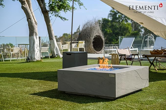 Elementi+ | Bundle Capertee Gas Fire Pit Cast Concrete 40" Square Fire Table, Outdoor Fire Pit Electronic Ignition | Canvas Cover, Fire Glass and Burner Lid Included | Light Gray | Propane Gas