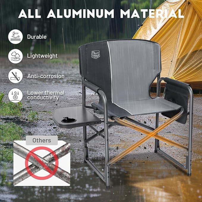 TIMBER RIDGE Aluminum Oversized Camping Chair, Lightweight Portable Directors Chair with Side Table Detachable Side Pocket for Outdoor Camping, Lawn, Picnic, Support 400lbs Grey 2 Pack