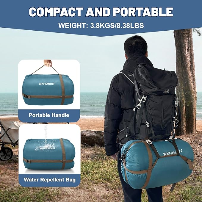 Double Sleeping Bag for Adults Machine Washable 2 Person Camping Sleeping Bag Queen Size Waterproof with Compression Sack for Cold Weather 3-4 Seasons