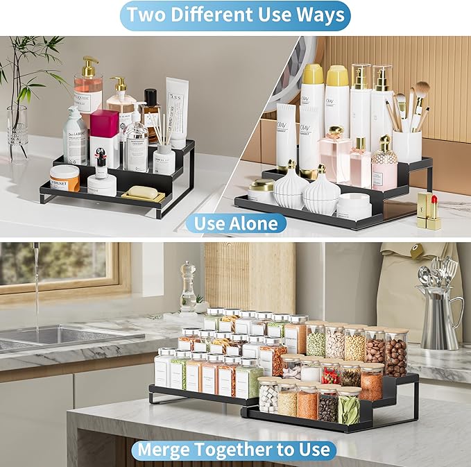 Spice Rack Organizer for Cabinet, Expandable 3 - Tiered Spice Rack, Metal Spice Organizer, Spice Shelf Organizer for Cabinet, Countertop, Pantry, Cupboard, Black