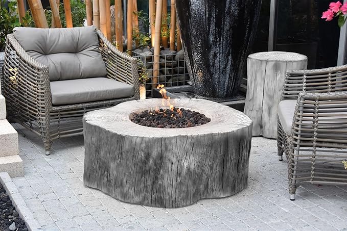 Elementi | Bundle Manchester Gas Fire Pit Cast Concrete Semi-Round Fire Table, Outdoor Fire Pit Electronic Ignition | Canvas Cover, Lava Rock Included | Classic Gray (Natural Gas)