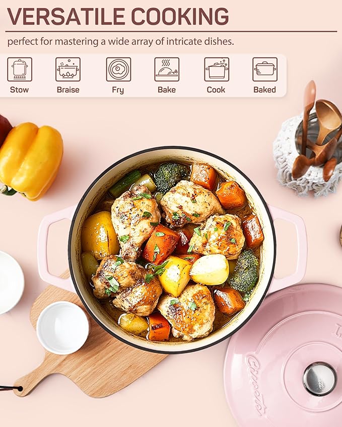 6 QT Dutch Oven Pot with Lid, Enameled Cast Iron Dutch Oven for Bread Making, Braiser, Cooking, Dual Handles, Oven Safe up to 500° F or on Stovetop, Gifts for Family - Pink