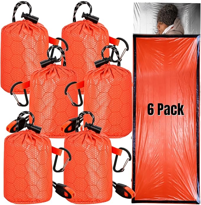 6 Pack Emergency Survival Sleeping Bags, Thermal Bivy Sack Blanket, Lightweight Portable Nylon Sack with Whistle, Aluminized PE Survival Gear Supplies for Camping Hiking, Outdoor Adventure