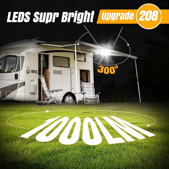 Solar Camping RV Outdoor Lights 208LED High Brightness Waterproof with Motion Sensor & Remote, 6000mAh Solar-Powered Exterior Lighting for Camper Porch & Trailers - Clip-On Design