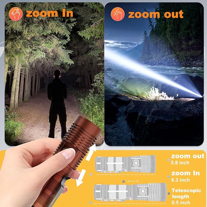 Small Tactical Flashlights High Lumens - 1500 Meters Long Beam Super Bright LED Magnetic Flashlight USB Rechargeable Zoomable 5Modes Long Beam Spotlight Flashlight for Hiking, Camping-Brown