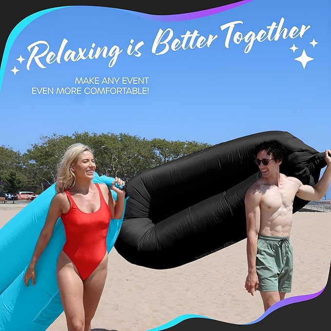 Nevlers 2 Pack Inflatable Loungers Air Sofa Couch | Perfect for Beach Chair Camping Chairs or Portable Hammock |Travel Bag Pouch, Pegs & 3 Pockets| Movie Seating & Camping Accessories Blow Up Lounger