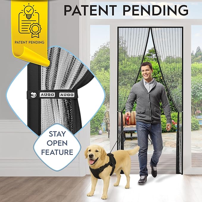 AUGO Magnetic Screen Door - Self Sealing, Heavy Duty, Hands Free Mesh Partition Keeps Bugs Out - Pet and Kid Friendly - Patent Pending Keep Open Feature - 34 Inch x 81 Inch