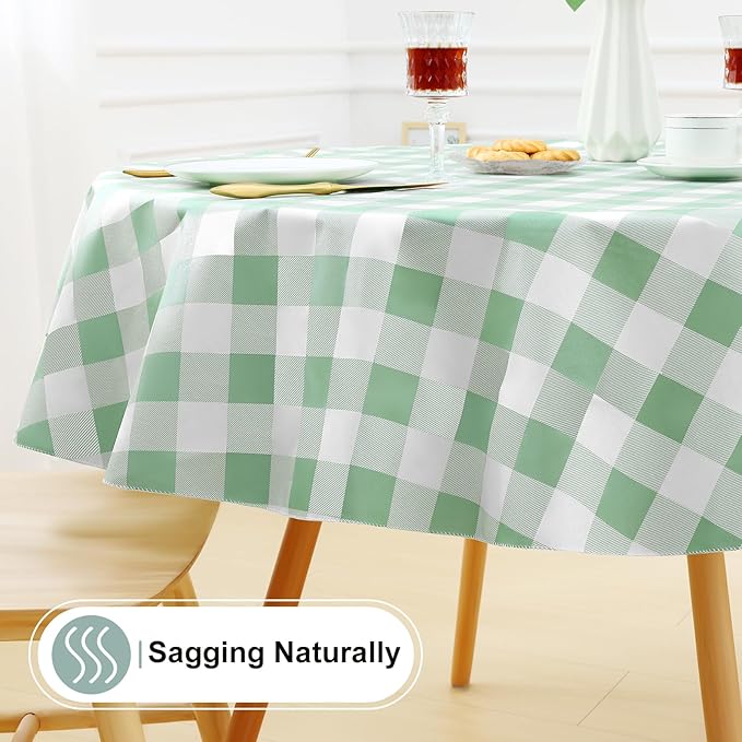 misaya Round Waterproof Vinyl Table Cloth, Buffalo Flannel Backed Tablecloth, Wipeable Plastic Table Cover for Dinner, Kitchen, Picnic (60", Sage Green and White)