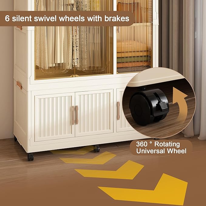 Portable Wardrobe Closet Storage Organizer, Plastic Collapsible Closet Organizer with Transparent Magnetic Door, for Bedroom Living Room,Easy Assemble,7 Cubes & 2 Hanging Rod