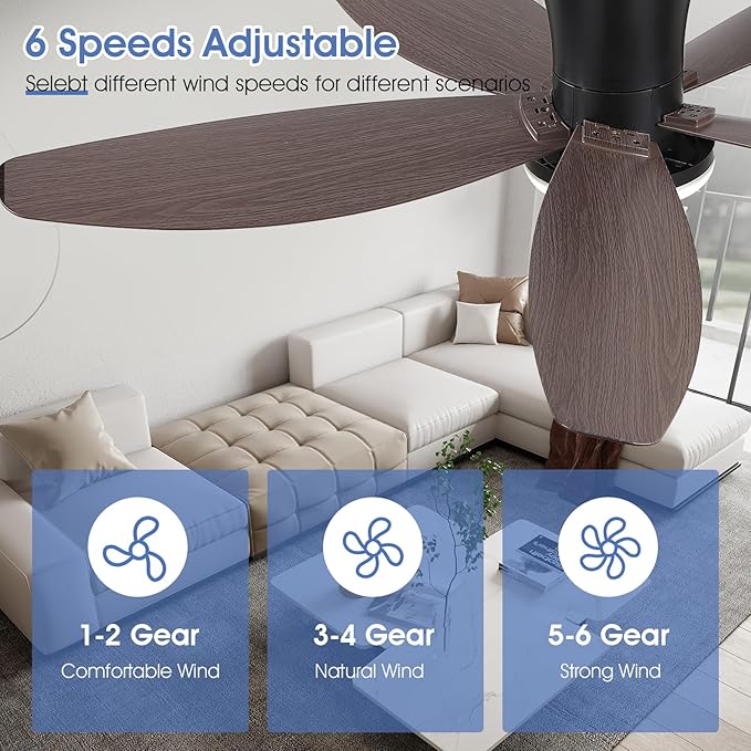 Ceiling Fans with Lights-42 Low Profile Ceiling Fan with Light and Remote/APP Control,Flush Mount,DC Reversible,LED Dimmable Modern Ceiling Fans for Bedroom,Indoor/Outdoor Patio Use(Brown)