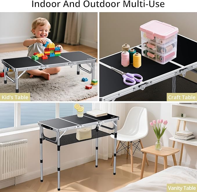Folding Camping Table with Storage Net, 3ft Camping Table Aluminum Folding Table with 3 Adjustable Height Max 27.1 Inch Picnic Table Portable Table for Outdoor Backyard BBQ, Black
