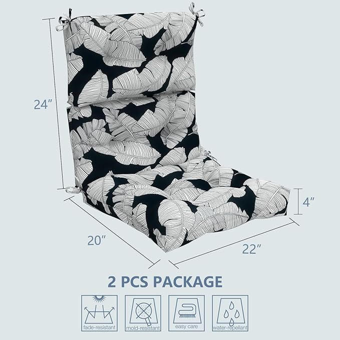 LVTXIII Outdoor Seat/Back Chair Cushion Patio Tufted High Back Cushion, Seasonal Replacement Rocking Chair Cushion with Ties (44” L x 22W”, Set of 2, Black Lush Leaf)