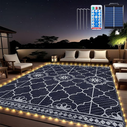 8x10Ft Outdoor Rug, Solar Powered Outdoor Rug with 113LEDs Strip Lights, Waterproof Plastic Reversible Outdoor Straw Rugs, Rugs Mat for House Deck RV Camping Patio Beach Balcony Picnic (Blue White)