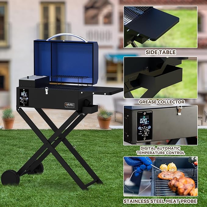 Onlyfire BBQ Wood Pellet Grill Smoker with Foldable Cart, Meat Probe, 2 Tiers Cooking Area, Portable Tabletop Grilling Stove for Outdoor Kitchen Cooking Smoke and Roast, RV Camping, Blue GS342