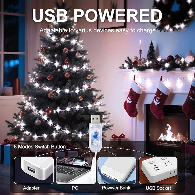 1Pack LED Fairy String Lights,16ft 50 LED with Remote and Timer, 8 Modes, USB Powered and Battery Powered String Lights for Bedroom Party Indoor Christmas Decoration