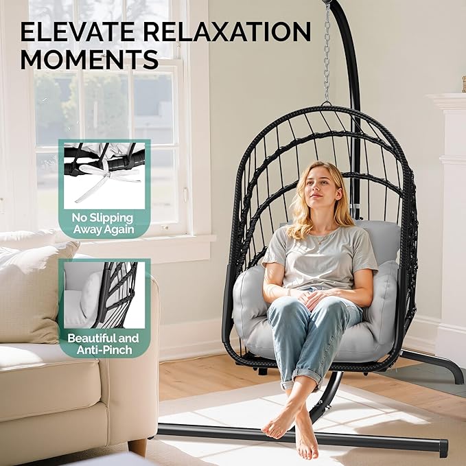 YITAHOME Hanging Egg Chair with Stand, Rattan Wicker Swing Egg Chair with Resistant Cushion, 370lbs Capacity, Foldable Hanging Basket Chair for Porch, Garden, Bedroom, Balcony - Grey