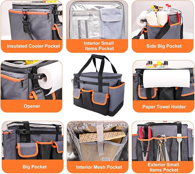 Large BBQ Grill Caddy with Paper Towel Holder, Foldable Insulated Picnic Organizer Bag for Outdoor Grilling, Tailgating, Camping, RV Trips, Must-Have Storage for Cooking Tools Supplies