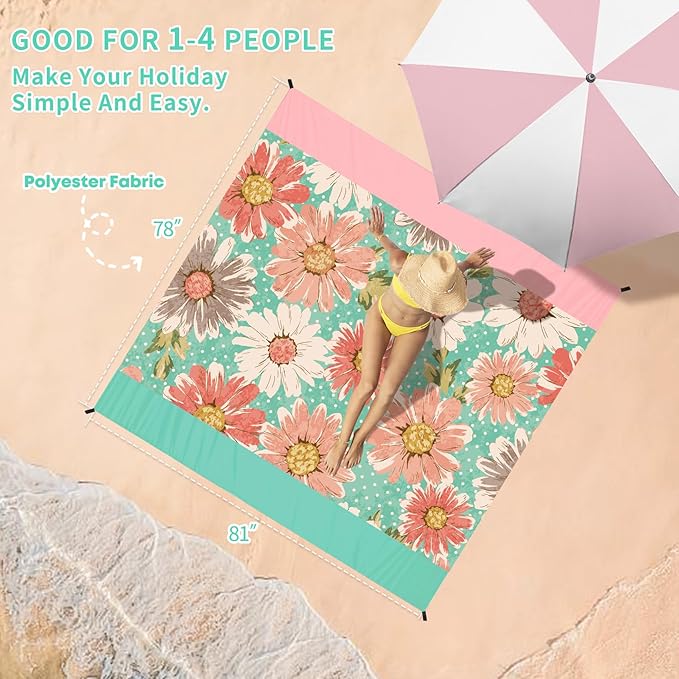 BYDOLL Beach Blanket Waterproof Sandproof 78''×81'' Suits1-4 Adults Compact Lightweight Oversized Sand-Free Blanket Large Picnic Mat for Beach Travel Camping Hiking