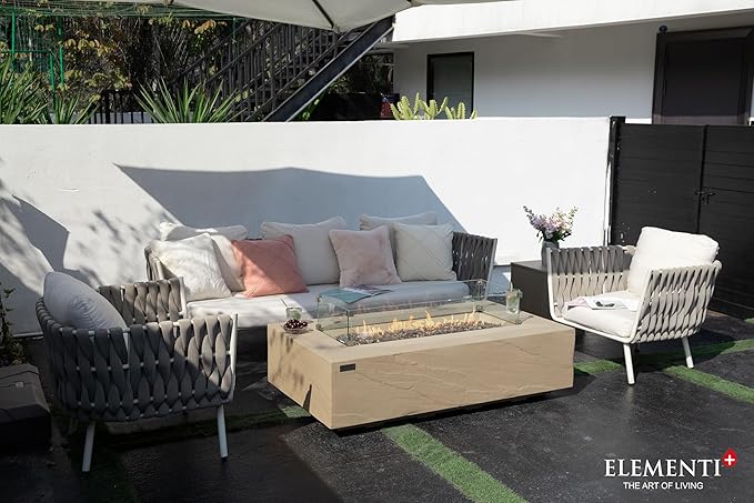 Elementi+ | Bundle Colorado Gas Fire Pit Cast Concrete 56" Rectangular Fire Table | Electronic Ignition | Canvas Cover, Fire Glass and Burner Lid Included | Sunlight Yellow | Natural Gas