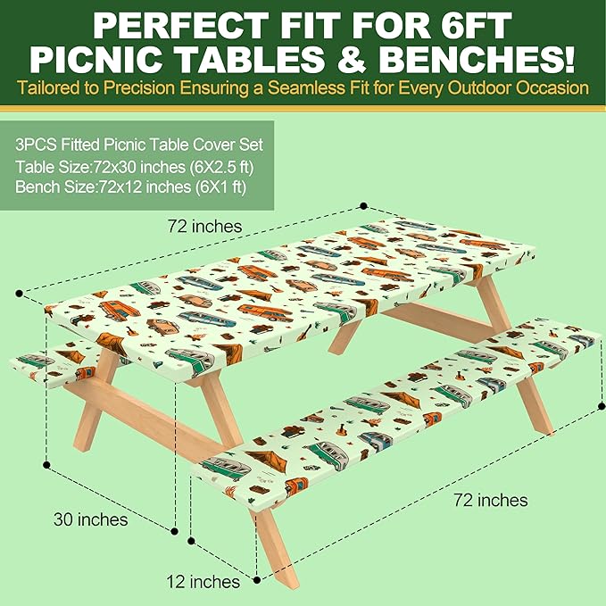 72 X 30 Inch Elastic Fitted Camping Table Cover with Bench Covers & Storage Bag, Picnic Tablecloth, Fits 6ft Picnic Tables, Polyester, Washable, Spill Resistant, Waterproof - Vintage