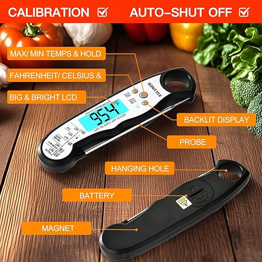 TP-01 Waterproof Digital Instant Read Meat Thermometer with 4.6 Folding Probe Backlight Calibration Function for Cooking Food Candy, BBQ Grill, Liquids,Beef(White)