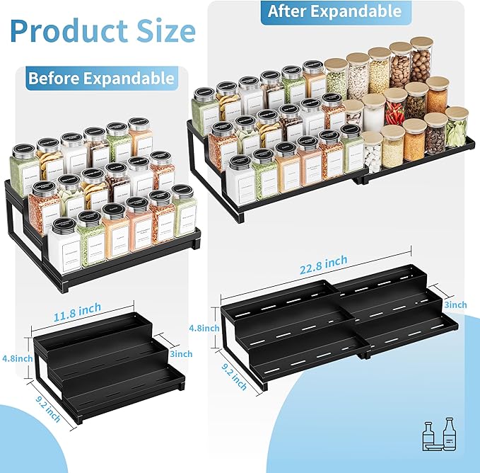 Spice Rack Organizer for Cabinet, Expandable 3 - Tiered Spice Rack, Metal Spice Organizer, Spice Shelf Organizer for Cabinet, Countertop, Pantry, Cupboard, Black