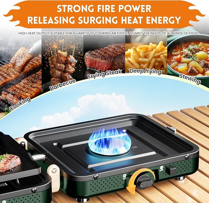 AFFLUENT 2 Burner Propane Camping Stove with Grill and Storage Bag- A Must - Have Camp Stove Propane! Foldable, Featuring Two Adjustable Burners Ideal Portable Camping Stove for Camping & BBQ(Green)