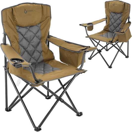 ARROWHEAD OUTDOOR 2-Pack Portable Folding Camping Quad Chair w/ 6-Can Cooler, Cup & Wine Glass Holders, Heavy-Duty Carrying Bag, Padded Armrests, Headrest & Seat, Supports up to 550lbs