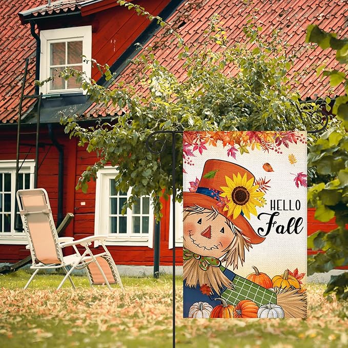 Fall Scarecrow Pumpkin Garden Flag 12x18 Inch Double Sided Burlap Autumn Thanksgiving Sunflower Flag for Outside Farmhouse Garden Yard Lawn Outdoor Decorative