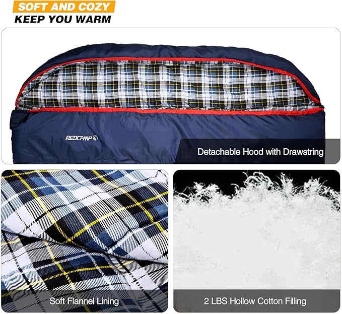 REDCAMP Cotton Double Sleeping Bag for Adults, 2 Person Cold Weather Queen Size Flannel Sleeping Bags for Camping, Black/Navy Blue