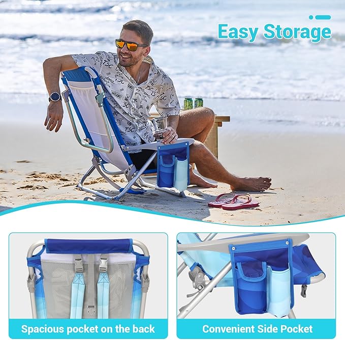 #WEJOY Folding Beach Chair for Adults, 4-Position Aluminum Lightweight Beach Chair, Low Sands Chairs with Shoulder Strap, Cup Holder and Padded Headrest, Supports 265lbs for Lawn