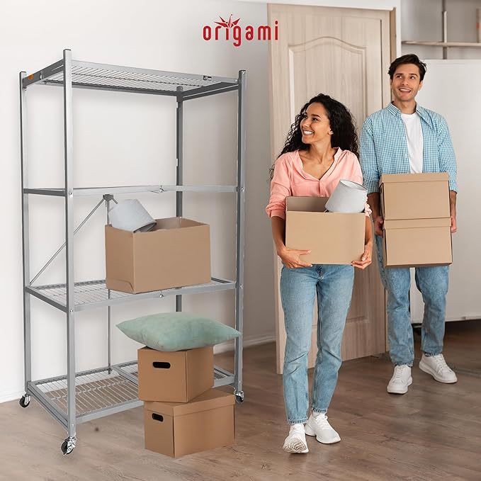 Origami 4-Tier Storage Shelves on Wheels, Steel Shelving Holds 1000 pounds, Heavy Duty Garage Storage & Organization, Closet Organizer, Utility Shelf