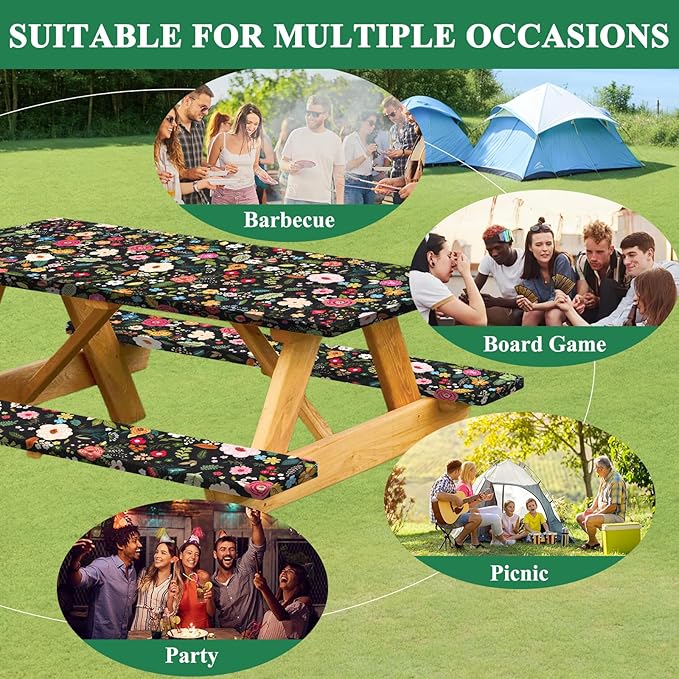 famibay 3 Piece Picnic Table Cover and Bench Covers Black Floral Polyester Camping Tablecloth, Windproof Reusable Fitted Picnic Table Covers with Elastic(12”x72+30”x72”)