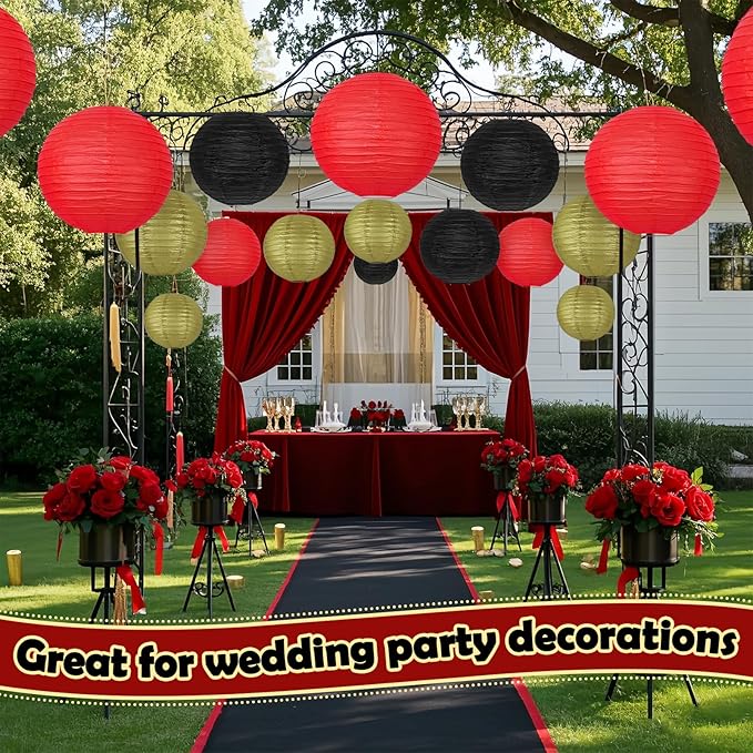 12Pcs Round Paper Lanterns Assorted Sizes (6" 8" 10" 12") for Home Decor, Wedding, Birthday, Casino Theme Party, Hibachi Party Decorations, Hanging Chinese Japanese Paper Lamps (Black Red Gold)