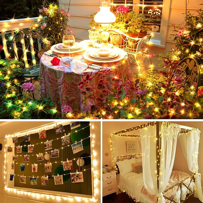 KNONEW 203FT Outdoor Christmas Fairy Lights Plug in,600 LED String Lights Outdoor Waterproof 8 Modes Memory Times for Wedding Bedroom Walls Garden Trees Decoration(Warm White)