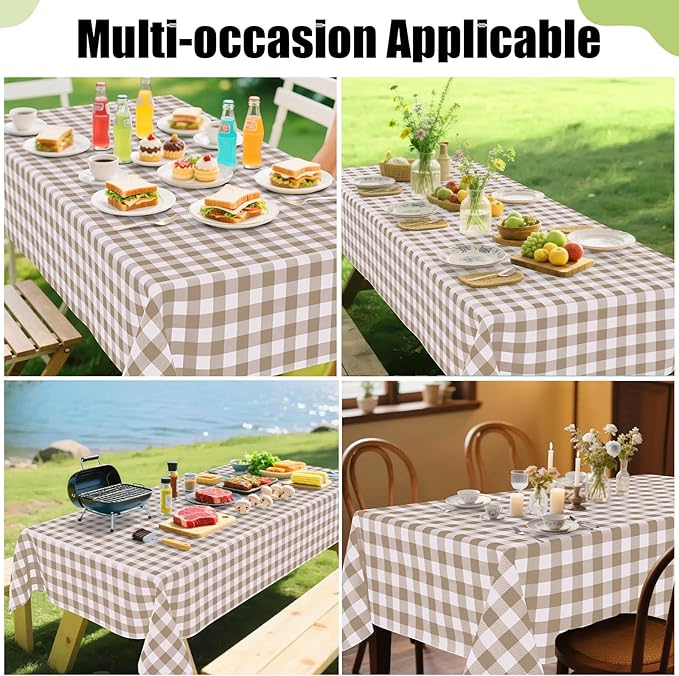 Smiry Rectangle Table Cloth, Waterproof Vinyl Tablecloth with Flannel Backing, Wipeable Buffalo Plaid Table Cover for Dining, Indoor and Outdoor (Khaki & White, 52"x70")