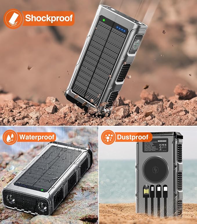 GOODaaa Power Bank Wireless Charger 45800mAh Built in Hand Crank and 4 Cables 15W Fast Charging Power Bank 7 Outputs & 4 Inputs Solar Portable Charger, SOS/Strobe/Strong Flashlights, Compass