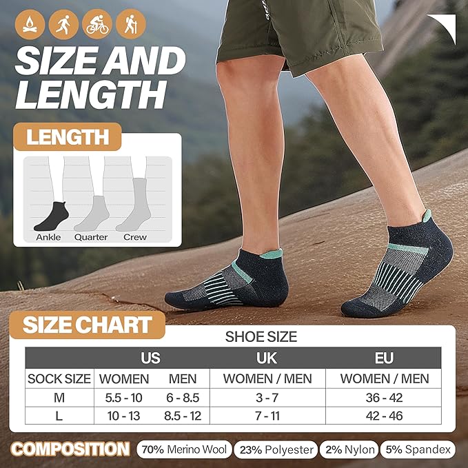 6 Pairs Merino Wool Ankle Running Hiking Socks Compression Support Breathable Thick Cushion No Show Socks for Women Men