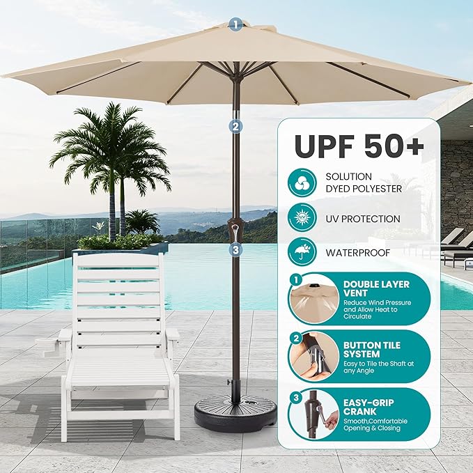 SERWALL Patio Chaise Lounge Chair Set of 2 with 9FT Patio Umbrella, 78'' HDPE Outdoor Lounger 5 Positions Adjustable, Poly Lounge Chair with Rolling Wheels & Cup Holder for Pool,Light White