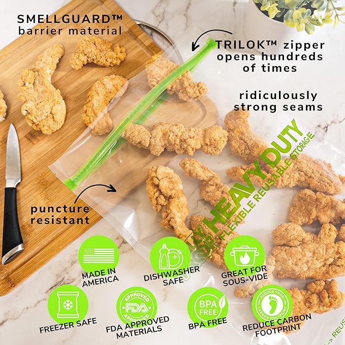 Smelly Proof REUSABLE STORAGE BAGS, Extra Large HEAVY DUTY 5-mils US-Made, BPA FREE, NO PEVA, Dishwasher-Safe Ziplock Reusable Freezer Bags Triple Zip CLEAR FLAT XXL 2-Gallon 12" x 16" - 5pk