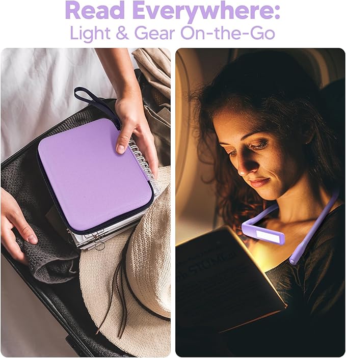 Purple Neck Light with Storage Case, 10-80Hrs Eye-friendly Book Reading Lamp, Knitting Crochet Sewing Craft Light Rechargeable Adjustable, Christmas Birthday Gifts for Book Lovers Knitters Crafters