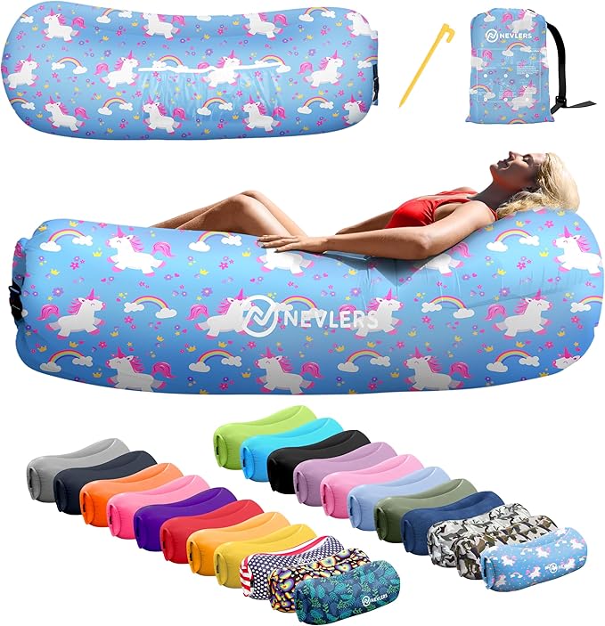 Nevlers Inflatable Lounger | 210T Polyester Inflatable Chair | No-Pump Blow Up Couch | Camping Couch Air Sofa Bed w/ 450 lbs. Cap., Pockets & Matching Bag | Use as Inflatable Couch for Adults & Kids