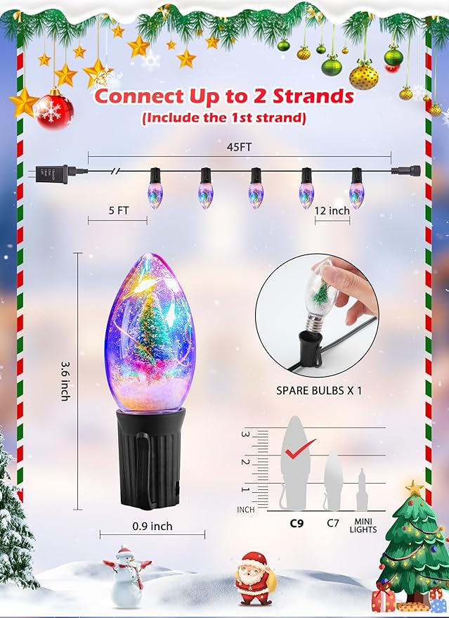 C9 LED Christmas Lights Outdoor, 45 Ft C9 String Lights with 40 Shatterproof LED Bulbs, 3 Light Mode, Connectable Waterproof Christmas Tree Lights for Outside Indoor Holiday Garden Decor, Multicolor