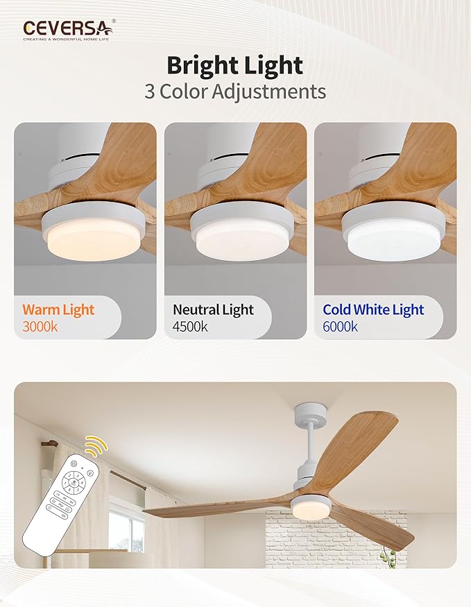 60 Inch Outdoor Natural Wood Ceiling Fans with Lights and Remote, 3 Blades Wood Outdoor Ceiling Fans, Noiseless Reversible DC Motor, for Patio,Living Room,Bedroom,Indoor,Farmhouse