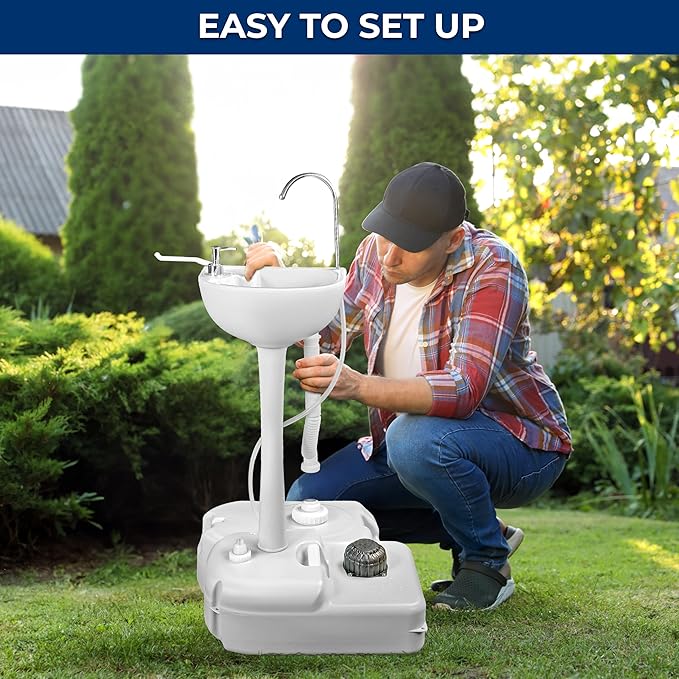 SereneLife Portable Hand Wash Sink, 24L Waste Tank, Rolling Wheels, Quick Assembly Outdoor Sink With Hands Free Foot Pump and Soap Dispenser, Ideal for Outdoor Events, Camping, Boating and Worksites