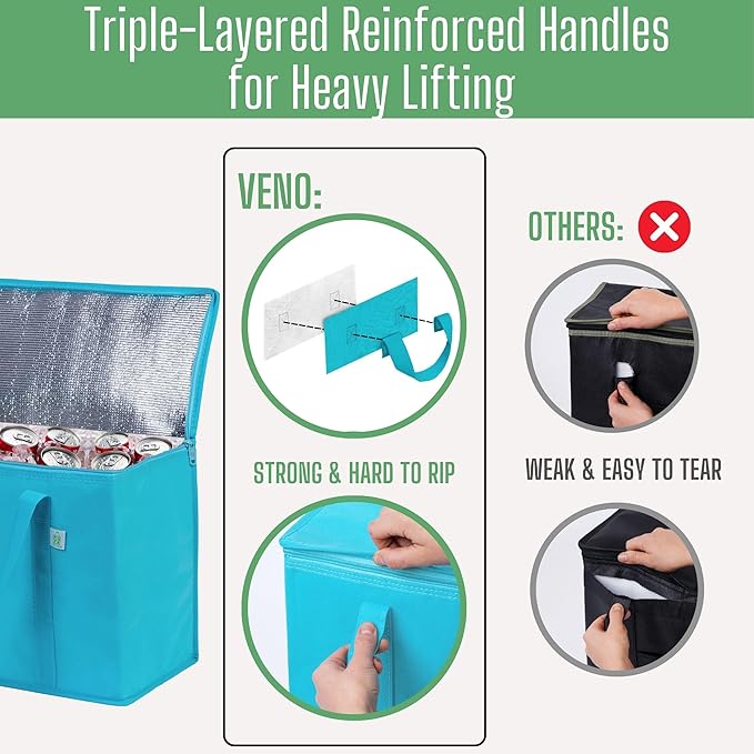 VENO 3 Pack Cooler Bag and Insulated Grocery Bags for Food Delivery, Collapsible Cooler, Reusable Shopping Bags for Groceries with zipper, Foldable, Heavy-Duty, Stands Upright (Cyan, 3 Pack)